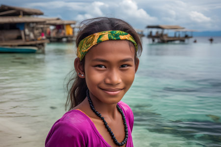 Portrait of a beautiful little girl in the sea. Thailand.の素材