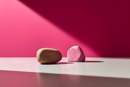 3d rendering of two stones on the floor and a pink wallの素材