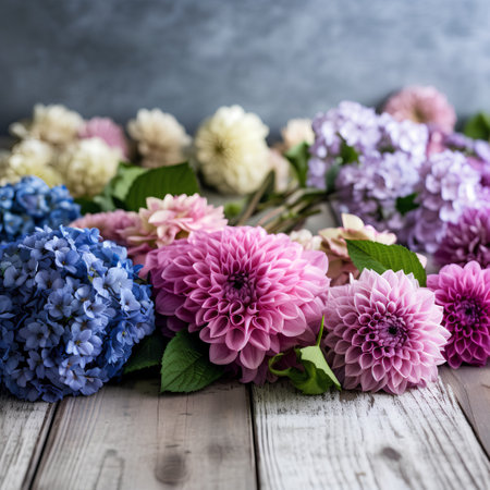 Bouquet of dahlias and hydrangeas on wooden backgroundの素材