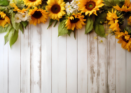 Sunflowers and gypsophila flowers on white wooden backgroundの素材