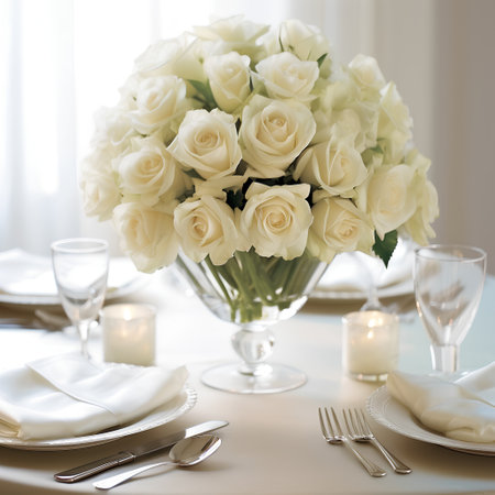 Wedding table setting with white roses and cutlery.の素材