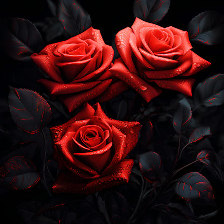Beautiful red roses with water drops on black background, closeupの素材