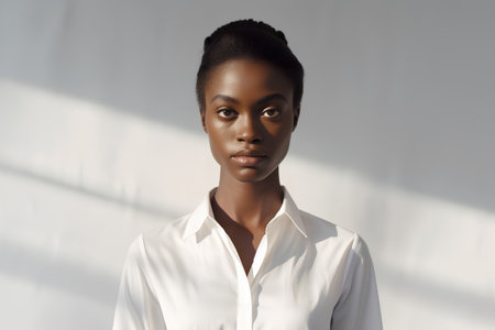 Beautiful young african american woman in white shirt looking at cameraの素材