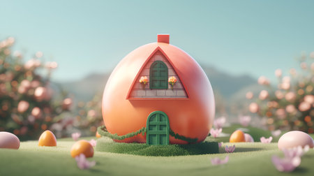 Easter egg with grass and flowers. 3d render illustration.の素材