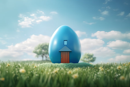 Blue easter egg with wooden house on green grass. 3d renderの素材