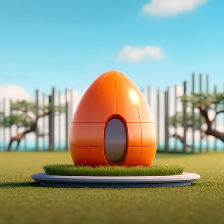 3d rendering of an orange rugby ball on a green grass fieldの素材