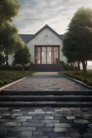 3D render of a modern house with a garden and a pathwayの素材