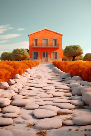 3D render of a house on a stone path in the countrysideの素材