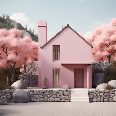3d rendering of a pink house in the garden with cherry blossom treesの素材
