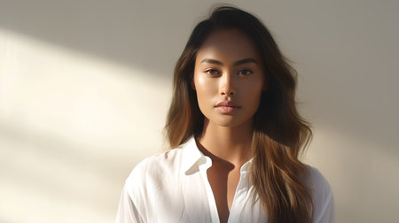 Portrait of a beautiful young asian woman in a white shirtの素材
