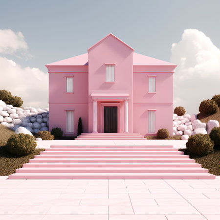 3D render of a pink house on the background of the skyの素材