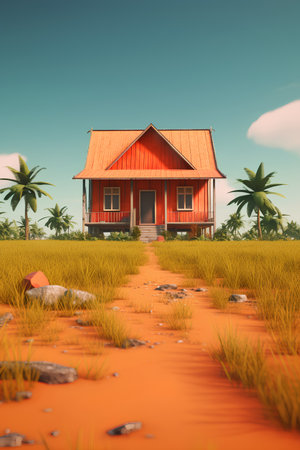 House in rice field with blue sky background. 3d rendering.の素材