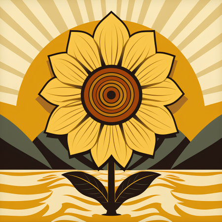 Sunflower on the background of the sun. Vector illustration in a flat style.の素材