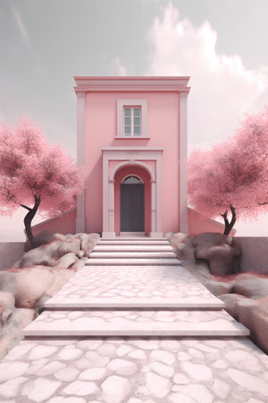 pink entrance to the castle in the garden. 3d renderingの素材