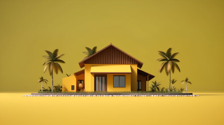 3d render of tropical house with palm trees on a yellow backgroundの素材
