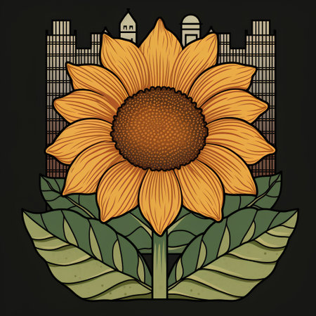Sunflower and city skyline. Hand drawn vector illustration in vintage style.の素材