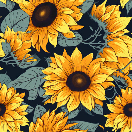 Seamless pattern with sunflowers on dark blue background.の素材