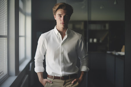 Portrait of a handsome young man in a white shirt. Men's beauty, fashion.の素材
