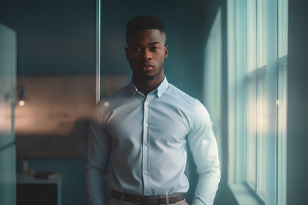 Handsome african american businessman standing in office, looking at cameraの素材