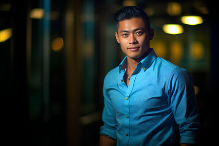 Handsome young asian man in blue shirt standing at night.の素材