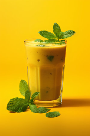 Glass of fresh smoothie with mint on yellow background. Healthy food concept.の素材