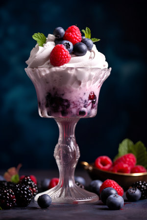 Ice cream with berries in a glass on a dark background. Selective focus.の素材
