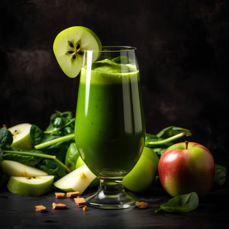 Healthy green smoothie with apple, spinach and apple on dark backgroundの素材