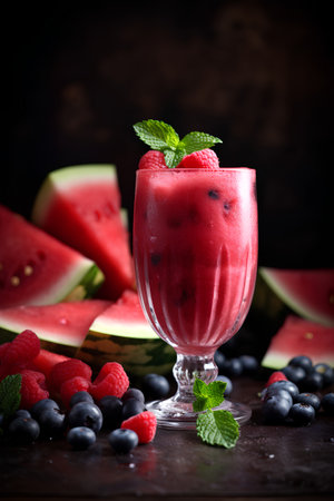 Watermelon smoothie with mint and berries on dark wooden background. Selective focus.の素材