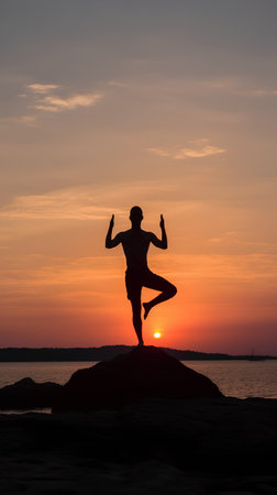 Silhouette of man practicing yoga on the beach at sunset.の素材