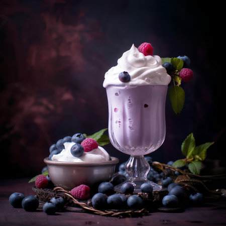 Blueberry milkshake with whipped cream and fresh berries on dark backgroundの素材