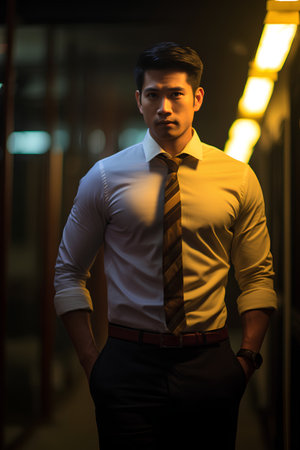 Portrait of a young handsome asian businessman standing in office buildingの素材