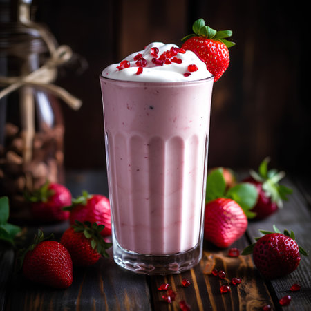Strawberry milkshake in a glass on a wooden backgroundの素材