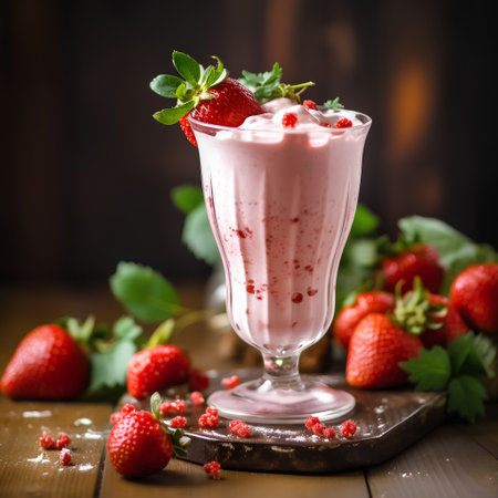 Strawberry milkshake in a glass on a wooden backgroundの素材