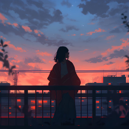 Silhouette of a girl standing on the balcony at sunset.の素材
