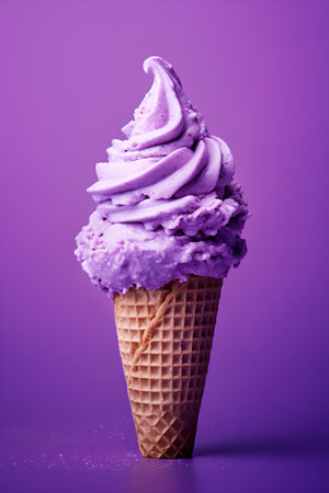 Ice cream in a waffle cone on a purple background. Minimal style.の素材