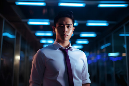 Portrait of a young handsome asian businessman standing in office.の素材
