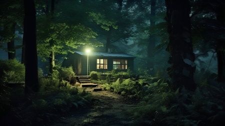 Wooden cottage in the forest at night with fog and fernsの素材