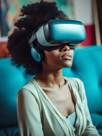 African american woman using virtual reality headset while sitting on sofa at homeの素材