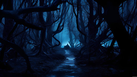 Halloween dark forest with fog, spooky background,3d renderの素材
