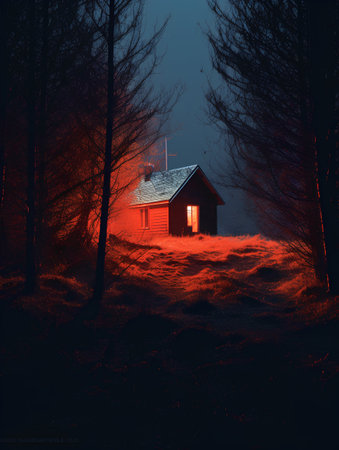Fantasy winter landscape with red wooden house in the forest at nightの素材