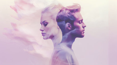 Portrait of a young beautiful woman with futuristic hairstyle. Double exposureの素材