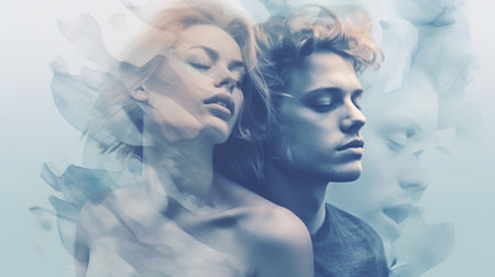 Double exposure portrait of beautiful woman and man combined with flower petalsの素材