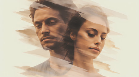 Double exposure of beautiful woman and man combined with abstract background. Double exposureの素材