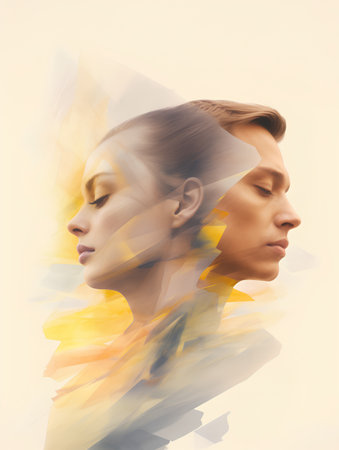 Double exposure portrait of a beautiful woman with golden hair and white skinの素材