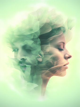 Double exposure portrait of beautiful young woman with green hair and face art.の素材