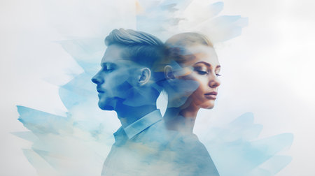 double exposure of man and woman with abstract blue and white background.の素材