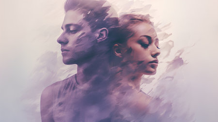 Double exposure portrait of a man and a woman combined with a paintingの素材