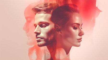 Double exposure portrait of a beautiful woman and man. Beauty, fashion.の素材