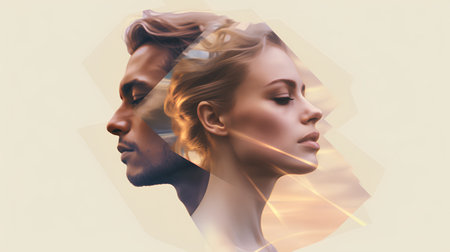 Portrait of a man and a woman combined with a digital image of a face.の素材