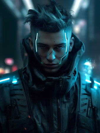 Portrait of a futuristic man with neon lights on his face.の素材